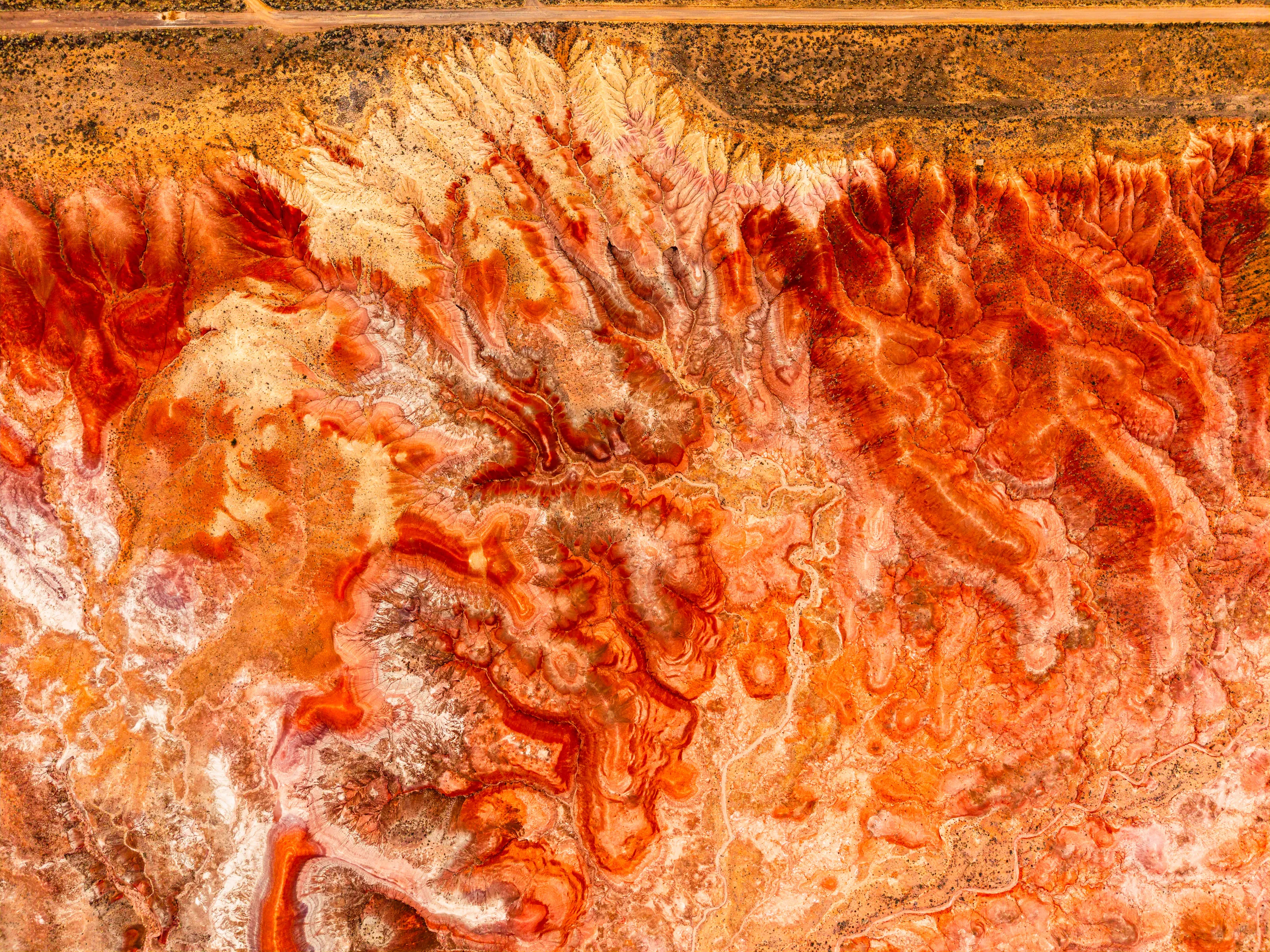 Aerial view of red, orange and white badlands eroded into branching ridges.